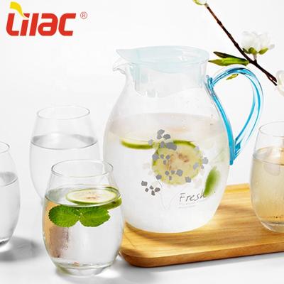 China Free Sample 1800ml+420ml*4 Water And Lilac Type Sustainable Borosilicate Glass Milk Jug Nordic Transparent Pitcher Set With Decal / Gift Box for sale