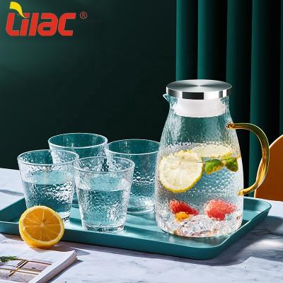 China 2021 6/7 Pcs Free Sample 1600ml+300ml*4 Glass Drinking Water Carafe Jug And Tumbler Sustainable Lilac Sets With Ripple for sale