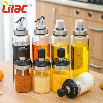 China Free Sample 220ml+550ml 2021 Freshness Retaining Lilac New Handmade Borosilicate Press Jar Vinegar Measure And Chilli Oil Dispenser With Brush for sale