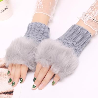 China Women Faux Rabbit Fur Single Glove Women Hand Cuff Crochet Knitted Winter Fingerless Knitting Gloves Fingerless Gloves for sale