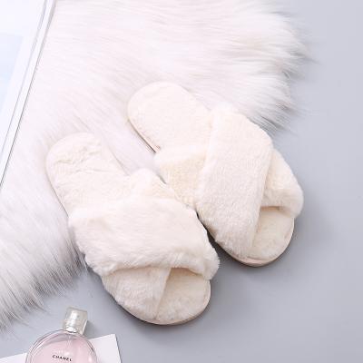 China Winter Soft Plush Ladies Slippers Slippers Toe Slides Women Warm Faux Cross Open Female Furry Sweat-absorbent Home Sweat-absorbent Fur for sale