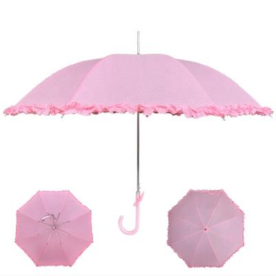 China Vintage Design YS-1069 Vintage Style Umbrella Automatic Open Ruffle Polka Dots Customize Printing J Handle Straight Umbrella With Lace For Women for sale