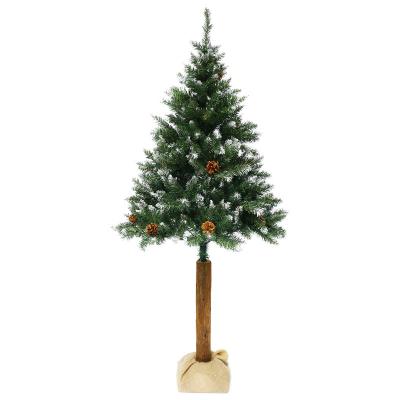 China 180cm Eco-friendly Artificial Christmas Tree With White On Top PVC Leaves And Ornaments Of Pine Cone With Wooden Trunk for sale