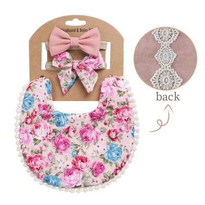 China BKD Antibacterial Newborn Baby Floral Headband And Bib 3 Pcs Set Baby Bib Double Side Bow Set for sale