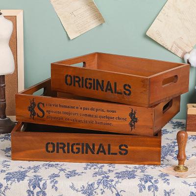 China Retro Europe Pallet Solid Wood Wooden Storage Box With Print Cosmetics Storage Coffee Cup Desktop Remote Control Tray for sale