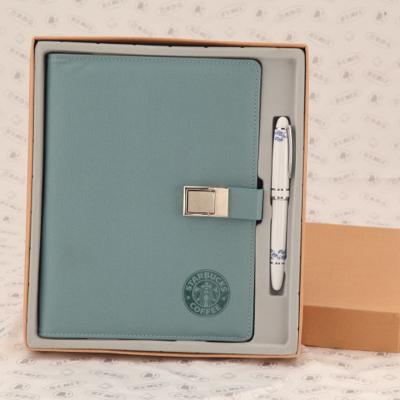 China Custom Factory Color Pure Blue Spiral Leather 6 Ring Bound Notebook Note Book With Box Packing Metal Lock Agenda Diary Gift Set Suit for sale