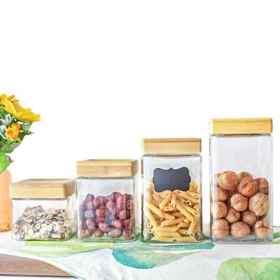 China Square Lucid Freshness Preservation Glass Food Storage Jar With Clip Top Wood Lid for sale