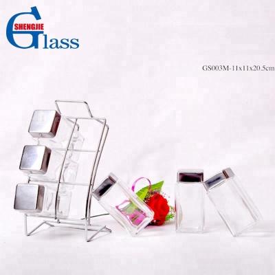 China Viable Wholesale Square Glass Spice Jar With Metal Display Rack for sale