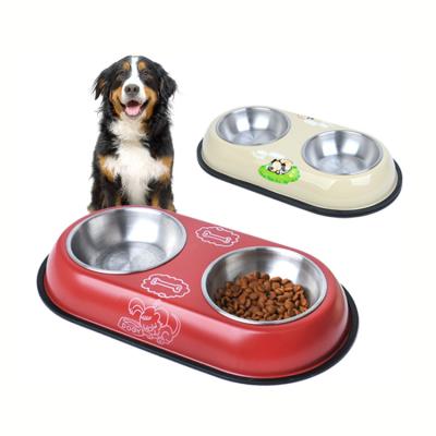 China Automatic Pet Supplies Stainless Steel Double Bowl for Pet Feeding and Drinking Non-Slip Dog Food Bowl and Cat Bowl for sale