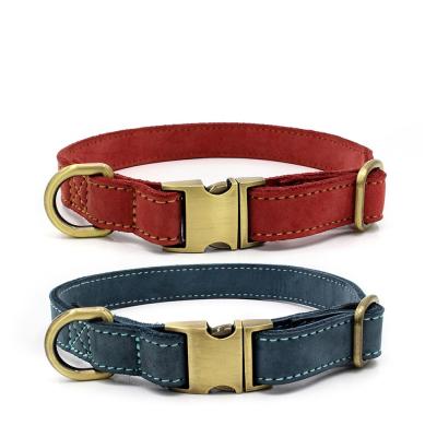 China New Custom Bronzed Metal Button Engraved Dog Collar With Cowhide Top Collar For Pets for sale