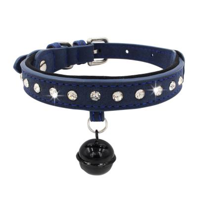 China Personalized Shiny Pet Collar Faux Stone Dog Collar Double Buckle Leather Detached Cats Collar With Bell for sale