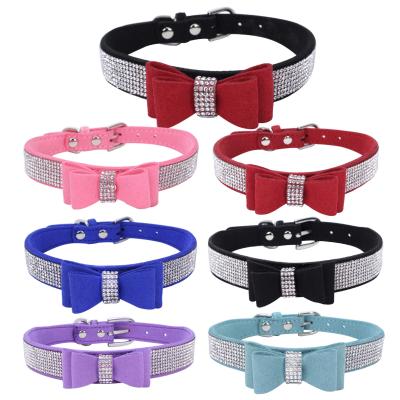 China Personalized Korean Dog Diamond Velvet Cat Collar Double Microfiber Bow Tie Collar Luxury Pet Collar for sale