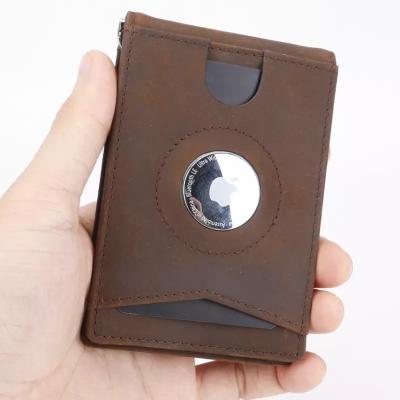 China Slim Minimalist RFID Push AirTag Leather Wallet Card Holder Men Wallet Air Tag Holder With Money Clip ID Window for sale