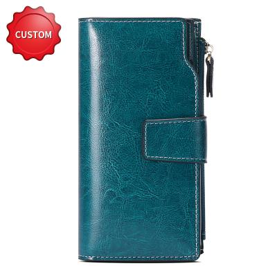 China RFID Females Clutches Womens Wallet Zipper Genuine Leather Long Cell Phone Blocking Coin Card Holder Wallet Purse for sale