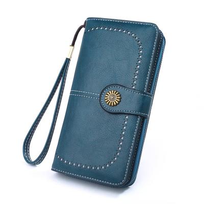 China New RFID Ladies Wallet Card Holder Oil Zipper Cell Phone Bag Clutch Bank Packaging Long Wax Leather Purse for sale