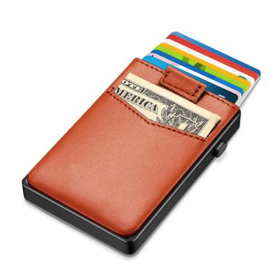 China FRID Genuine Leather+Aluminum Custom Men's Aluminum Metal Blocking Credit Card Holder Front Pocket Automatic Pop Up Slim Wallet For Gifts for sale