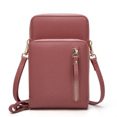 China Vintage Ladies Interesting Wallets Shoulder Bag Cell Phone Purse Large Capacity Lychee Grain Solid Color Cross - Body Phone Bags For Women for sale