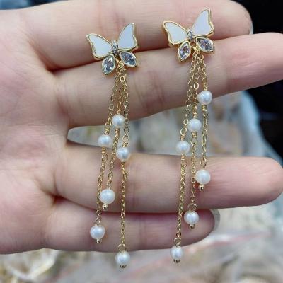 China CLASSIC Custom Minimalist Jewelry 14K Gold Plated Butterfly Brass Zircon Earline Pearl Long Chain Earrings for sale