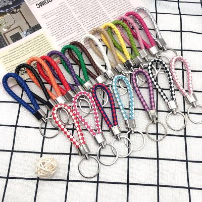 China Customized Eco-Friendly Charm Leather Multicolor White Braided Key Chain Non-slip Metal Ring Braided Keychain for sale