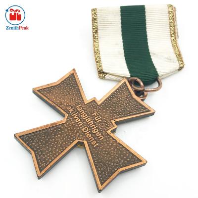 China India antique copper color painting ribbon iron cross material zinc alloy transparent medal for sale