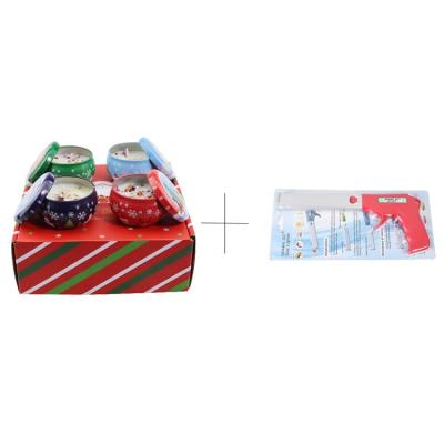 China Eco-enviroment Perfect Christmas Set Gift Box Tin Can Small Scented Candles Package and Gun Lighter Set for sale