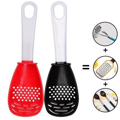 China Sustainable Multi-function Potato Masher Food Grade Filter Spoon Grinder Garlic Grinding Kitchen Tool Cooking Plastic Spoon for sale