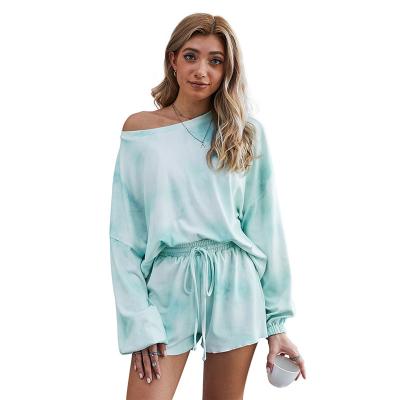 China Hot Selling Salon Wear Soft Women QUICK DRY Home Wear Long Sleeve Two Piece Tie Dye Shorts Pajama Set for sale