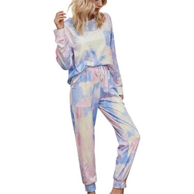 China Hot Sale Women's Thermal Tie Dye Salon Wear Long Sleeve Pants Two-piece Home Suit for sale