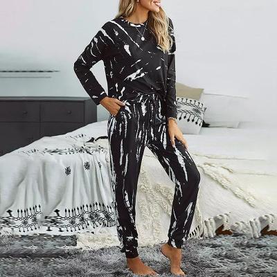 China Breathable Women Lounge Wear 2pcs Set Pants Fashion Printed Long Sleeve Casual Home Wear Pajamas for sale