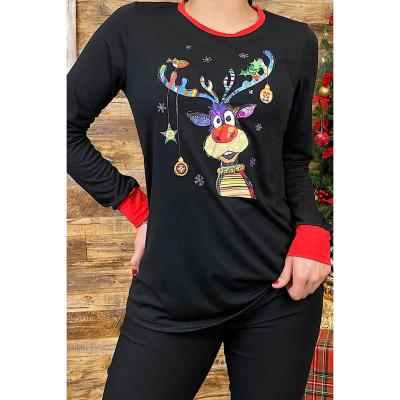 China Christmas Women's Long Sleeve Christmas Red Black Red Patchwork Print Breathable Cuff Fashion Casual T-Shirts for sale