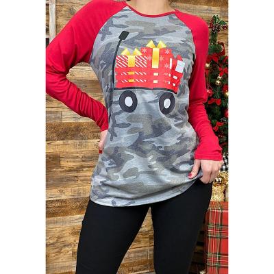 China Breathable Wholesale Camouflage Printing Red Raglan Long Sleeve Presents Graphic Women Christmas T Shirts for sale