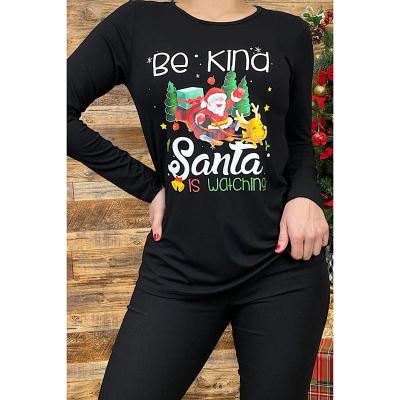 China Breathable Wholesale Black Fashion Ladies Santa Long Sleeve Women T Shirts Christmas Graphic Tops for sale