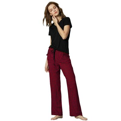 China 2021 Summer Breathable Red Plaid Pants Short Sleeve Top Pajamas Set Two Piece Home Wear Pajamas for sale