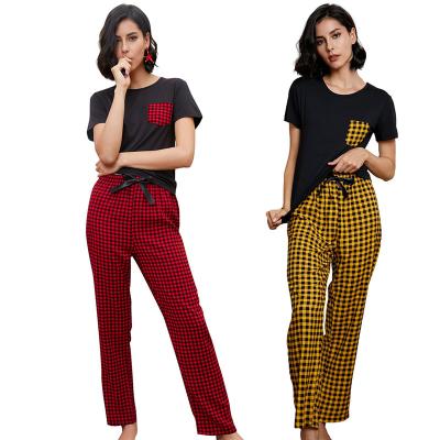 China New Design Breathable Luxury Ladies Pajamas Plaid Sleeve T-shirt and Pants Pajamas Women's Short Pajamas Set for sale