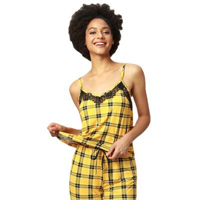 China 2021 summer breathable pajamas 2 piece set of pajamas yellow women's lounge vacation plaid pajamas for sale