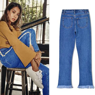 China Ladies Jeans Breathable Loose High Waisted Straight Jeans Double Side Zipper Flared Casual Denim Pants for sale