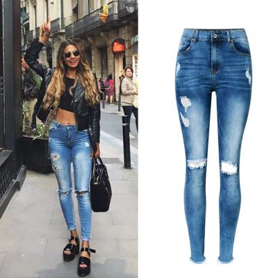 China 2021 Women's Washed Jeans High Waist Stretch Breathable Thin Jeans With Irregular Ripped Skinny Jeans for sale