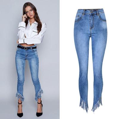 China Wholesale Fashion Women's Jeans High Waist Breathable Stretch Thin Wash Jeans With Irregular Tassel Jeans for sale