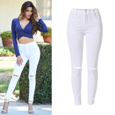 China Wholesale Women's Plus Size Stretch Jeans Knee Hole Slim Jeans Pants Fashion High Waist Breathable Jeans for sale