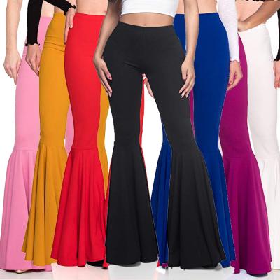 China RTS Casual Pants Solid Color Ruffle Bell-Bottom Pants Breathable Soft Waist Cotton High Fashions Wide Leg Pants For Women for sale