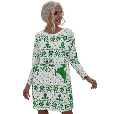 China Breathable 2021 Autumn Winter New Fashion Christmas Long Sleeve Printed Knit Dress For Women for sale