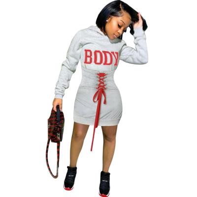 China Breathable Fashion Casual Bandage Letter Sweater Hooded Dress for sale