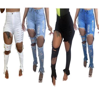 China Others fashion hot-selling jeans with holes unique slim distressed washed pants wide leg ankle split women's pants for sale