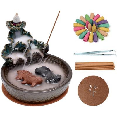 China Chinese Incense Fountain Aroma Oud Lotus Fish Backflow Incense Censer Ceramic Waterfall Cones for sale