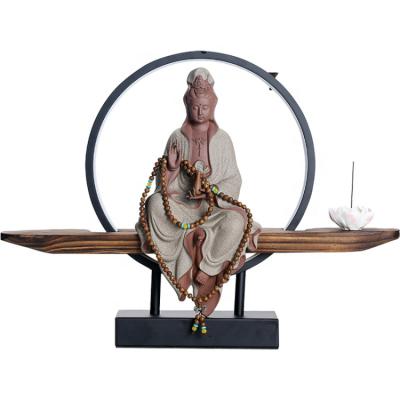 China New Chinese Zen Lotus Incense Waterfall Guanyin Buddha Ceramic Censer with Table Lamp USB Led Light for sale