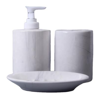 China European American Export Three Piece Accessory Toothbrush Holder Soap Dish Body Soap Bottle Set Bathroom Marble Ceramic Set for sale