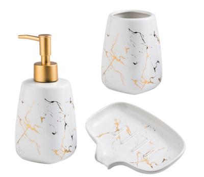 China Marble Ceramic Shower Toothbrush Holder Body Soap Bottle Soap Dish Stocked Accessory Set Three Piece Bathroom Set for sale