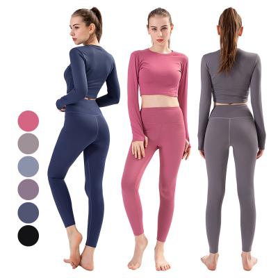 China Hot Sale Women's Breathable 2 Piece Tracksuit Workout Teams Sporty Set Leggings + Long Sleeve Top Yoga Activewear Set for sale