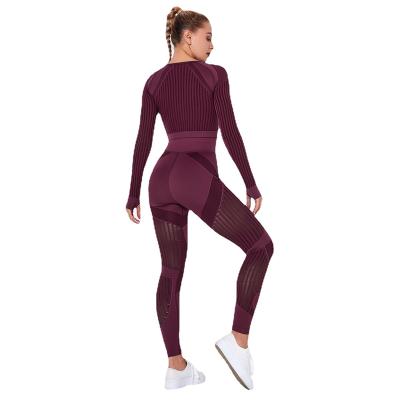 China 2021 Breathable Female Workout Equipment 2 Pieces Leggings Yoga Waist Tops Seamless Breathable Gym Long Sleeve Leggings Sportswear For Women for sale