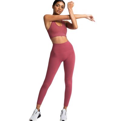 China 2021 Ladies Female Workout Breathable Gear 2 Piece Seamless Yoga Leggings With Bra Sports Gym Clothing Set Sportswear For Women for sale